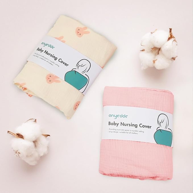 ANYEDDE 2-Pack Nursing Covers for Breastfeeding - Lightweight, Breathable Baby Breastfeeding Covers with Arch Neckline & Adjustable Straps, Pink & Bunny Design, Muslin Privacy Nursing Cover for Women