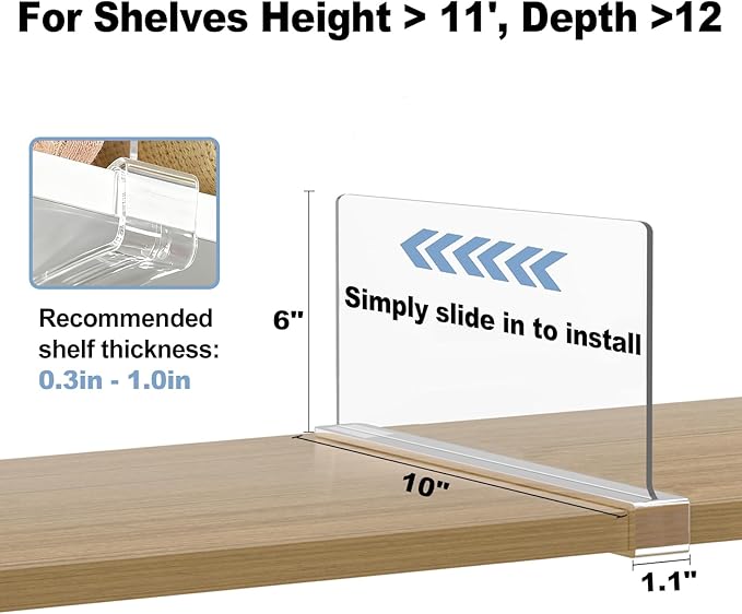 Purse Organizer for Closet Shelf Dividers: 6-inch Tall(Shorter Version) Adjustable Clear Acrylic Bag Storage Organizer for Handbags, Sweaters, Towels, Jeans and Shoes on Wood Shelves 6-Pack