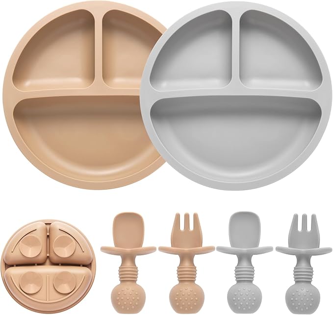 Eascrozn Silicone Baby Feeding Set, 2 Pack Divided Baby Plates with Suction, 2 Pack Spoons and Forks Set, BPA Free, Baby Led Weaning Supplies for Toddler Utensils Baby Feeding Essentials