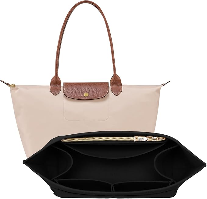 OPPOSHE Purse Organizer Insert for Longchamp Le Pliage, Premium Felt Long Champ Bag Handbag Women, Tote Organizer Insert with 9 Compartments (Large, Black)