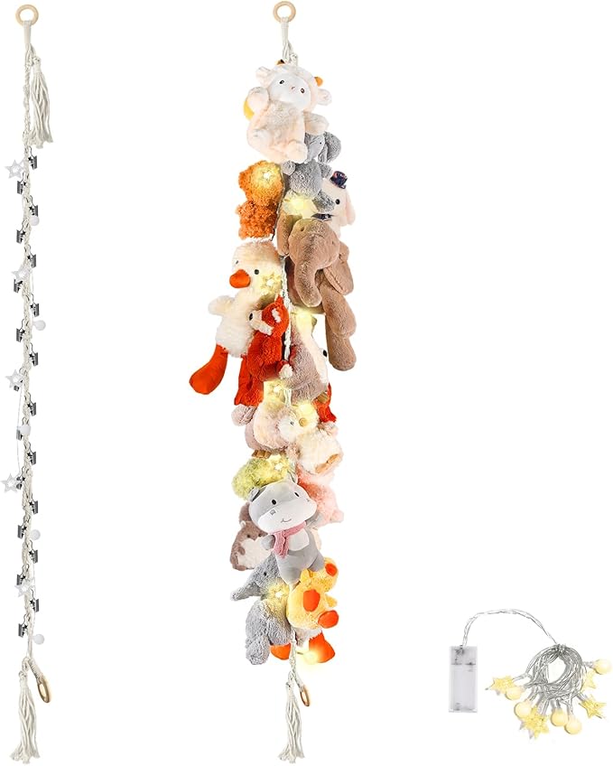 80" 2-Pack Cotton Hanging Storage Chain For Stuffed Animals Storage with LED Light, Stuffed Animal Organizer Chain for Wall Corner Nursery Play Room, White