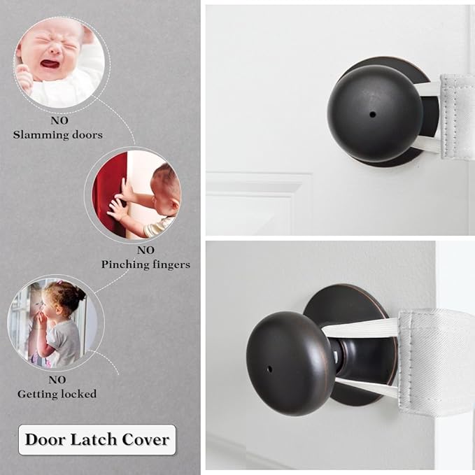 PONY DANCE Baby Door Latch Cover Closer - Nursery Door Silencer with Strong Elastic Straps, Thick Solid Cushion for Noise Reduction, Prevents Slamming, 3 Pieces, 4W x 2L Inches, Greyish White