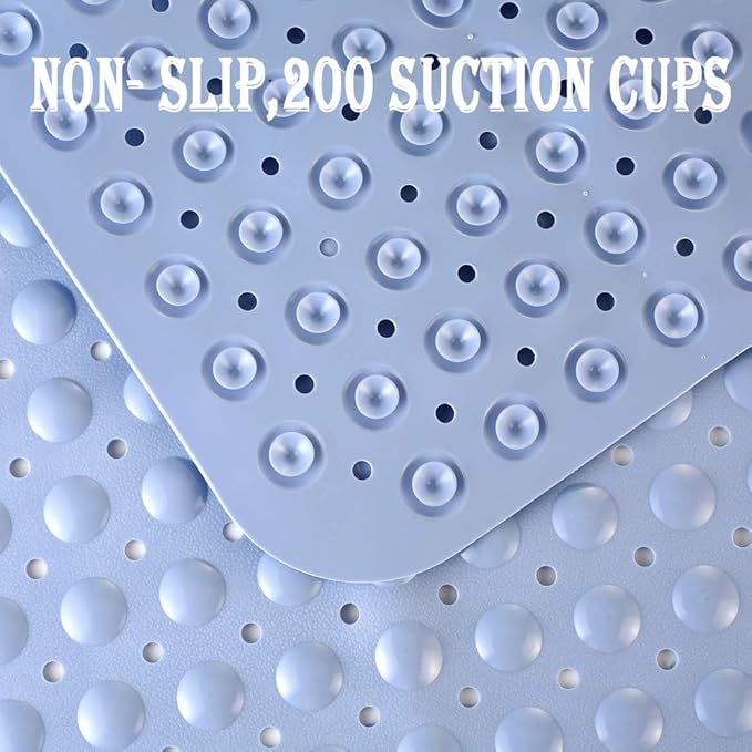 YINENN Bath and Shower Safety Mats 40x16 inch, Non Slip with Suction Cups for Bathroom Stall and Tub Floor, Extra Large and Machine Washable, Drain Holes Keep Bathtub Clean, Light Blue