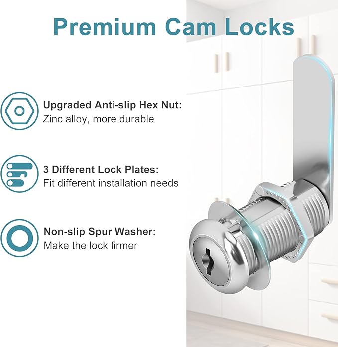 Cam Locks Cabinet Locks Keyed Alike, 1-3/8'' (Length) Cylinder Fits on 1-1/8'' Max Panel Thickness, 16pcs Secure Files Drawers RV Storage Locks Replacement Set, Zinc Alloy Chrome Finish