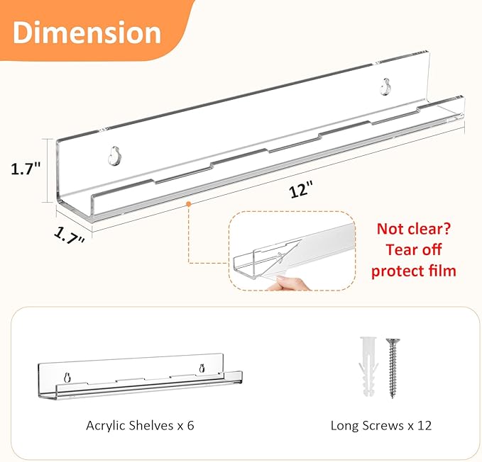 6 Pack Vinyl Wall Mount Shelf, 12" Vinyl Record Holder, Clear Record Shelf Display and Storage, Acrylic Shelves for Wall, Nursery, Living Room, Bedroom