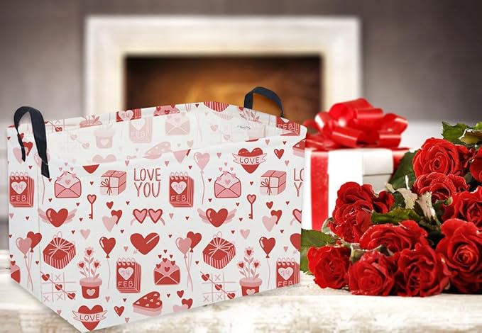 Sanjiaofeng Rectangular Valentine's Day Basket Love Storage Bins,Girls Storage Basket with Handles.Clothers,Books,Kid's Gifts Bins. (Pink envelope)