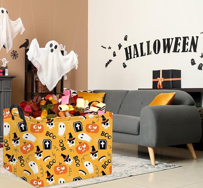TIBAOLOVER Rectangular Halloween Basket for Kids Cute Pumpkin Basket Storage Bin Organizer Box Room Decor for Halloween Parties(Yellow Pumpkin)