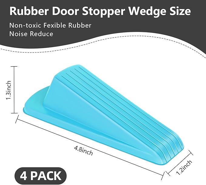 4 Pack Premium Rubber Door Stoppers Wedge, Door Stops for Carpet Heavy Duty Door, for Bottom of Door on Tile, Concrete, Carpet, Wooden Floor (Blue)