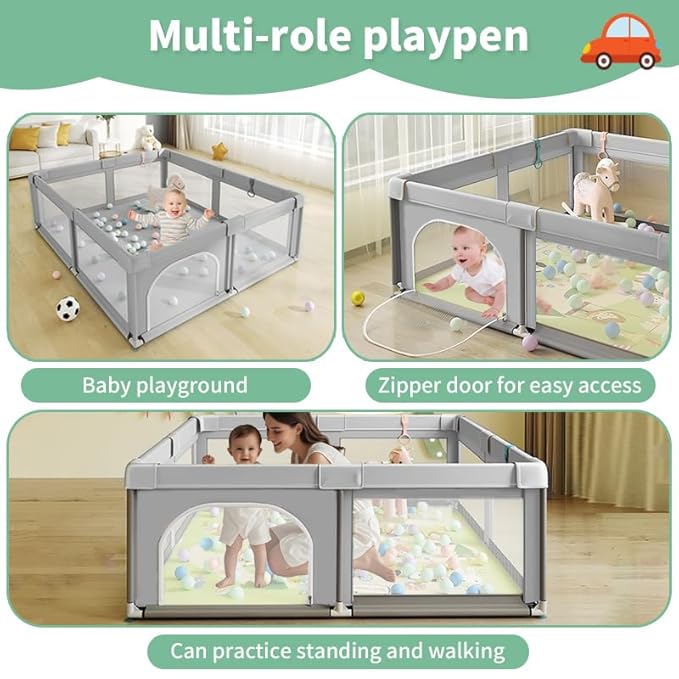 Baby Playpen, Play Pens for Babies and Toddlers, Mini Baby Fence Play Area,Safe Anti-Fall Play Yard with Gates, Small Playpen for Babies with Breathable Mesh, with Pull-Up Ring(Grey, 36" x36")