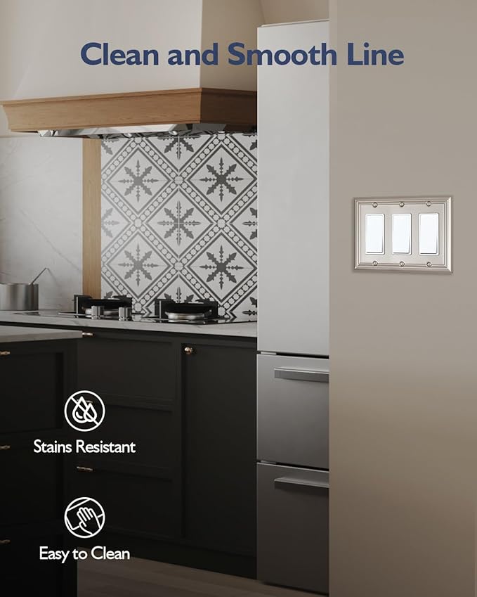1-Pack Triple Decorator Wall Plate, Metal Electrical Outlet Cover for Receptacles, Dimmer Switches, GFCI Outlets, Satin Nickcel, Midsize, 6.77''*4.88''