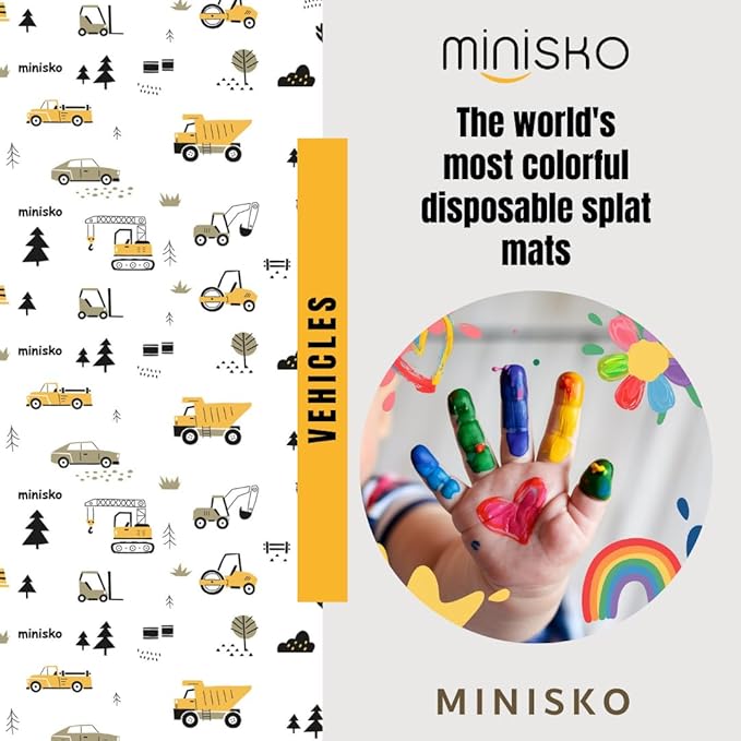 Vehicles | Disposable Splat Mats | Minisko | Under Highchair Splat Mat for Floor | Baby Led Weaning Supplies | Splash Mat