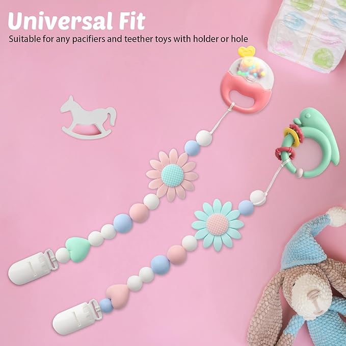 Silicone Pacifier Clip, 2 Pack Pacifier Holder for Boys and Girls, Adorable Sunflower Pacifier Clips Fits for Most Pacifier, Baby Teethers, Baby Shower and Baby Gift(Pink&Green)
