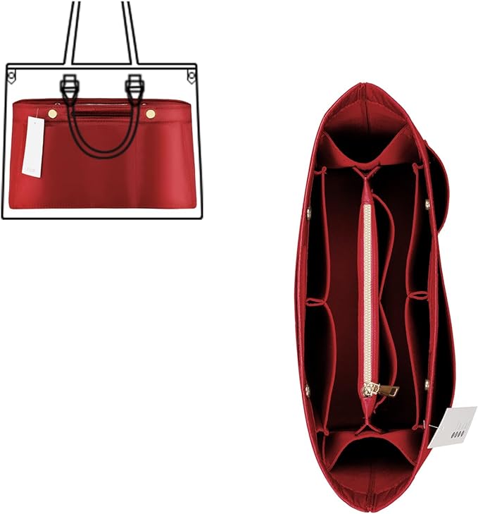 ZTUJO Purse Organizer Insert For Handbags, Silky Bag Organizer With 2 Zippers For Speedy Neverful Tote and More (Red, Small)