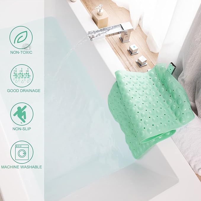 TEESHLY Bath Tub and Shower Mats, Non-Slip 39 x 16 Inch Extra Long Bathtub Mat, Machine Washable BathMat with Drain Holes, Suction Cups for Bathroom (Opaque Pale Green)