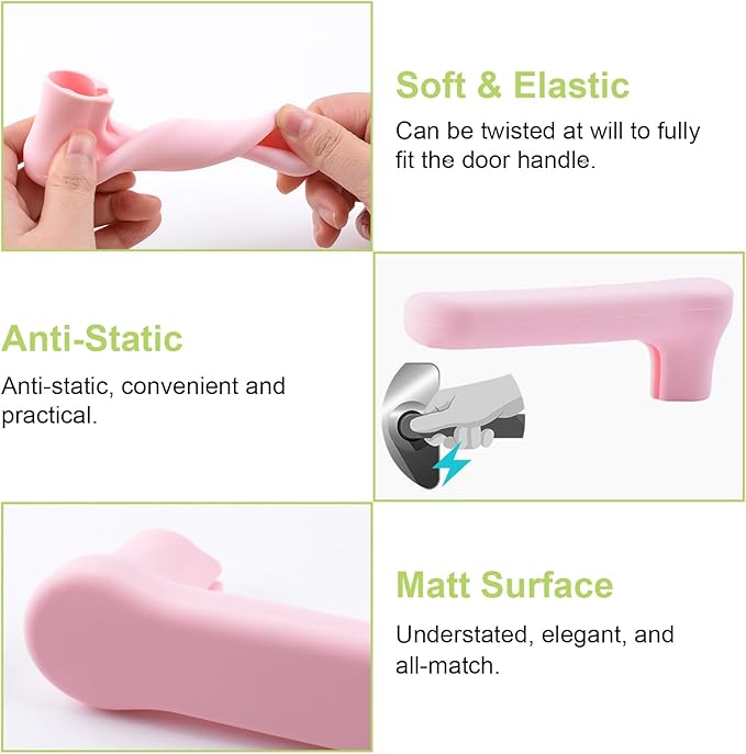 2Pcs Silicone Door Handle Glove Covers Safety Door Knob Cover with Clear Anti-Collision Adhesive Strip Anti-Static Door Knob Protector for Flat Square Door Levers (Pink)