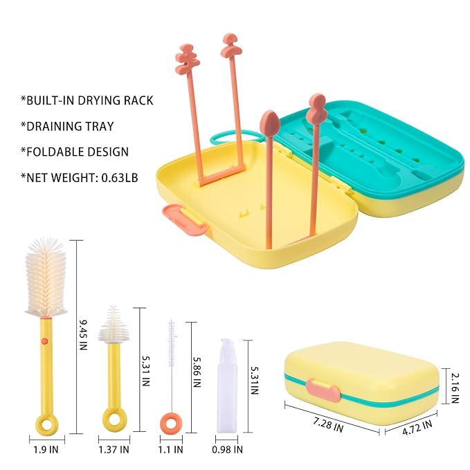 Suvast 7in1 Travel Bottle Cleaner kit,Baby Essentials, with Bottle Brush、Nipple Brush、Straw Cleaner Brush、Soap Dispenser、Bottle Drying Rack、Drainage Tray、Storage Box,Baby Travel Essential (Yellow)