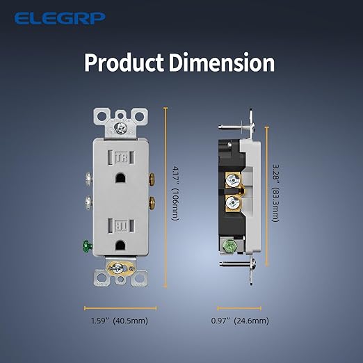 ELEGRP Matte Gray Decorator Electrical Wall Receptacle Outlet, TR Tamper Resistant Outlet, 15A 125V, 2 Pole 3 Wire, NEMA 5-15R, Self-Grounding, UL Listed, 5 Pack