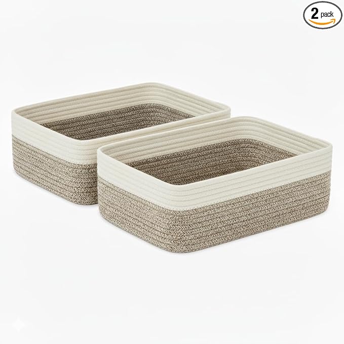 Large Shallow Basket, Storage Baskets for Organizing 2 Pack, 15"x11"x5.1", Rope Basket for Shelves, Living Room, Nursery, Bedroom, Gift Basket, White & Mixed Brown