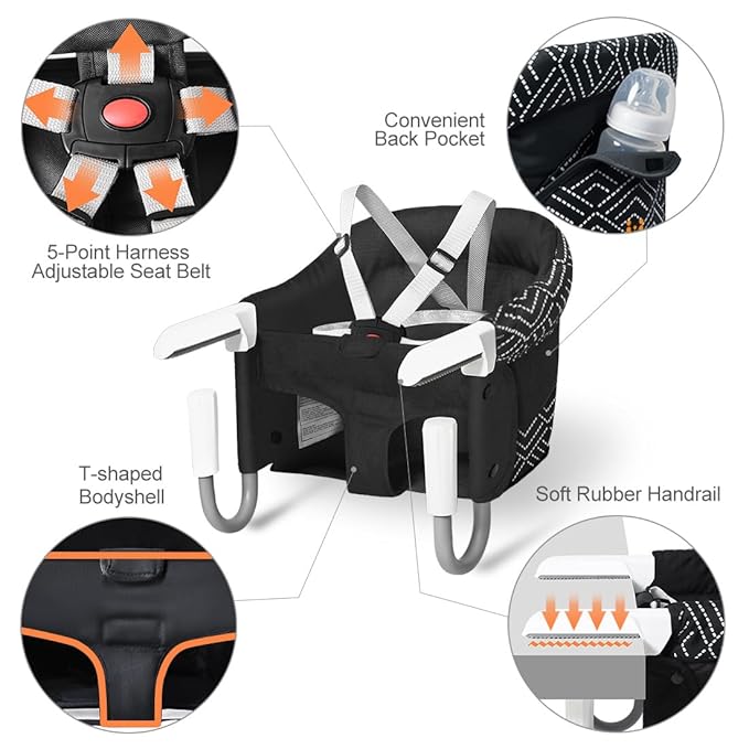 MTWML Portable High Chair for Table,Hook On High Chair that Attaches to Table,Space Saver Clip On Counter Seat for Baby,Easy Clean Baby Feeding Clamp Seat with Carry Bag for Travel(Stripe-Black)