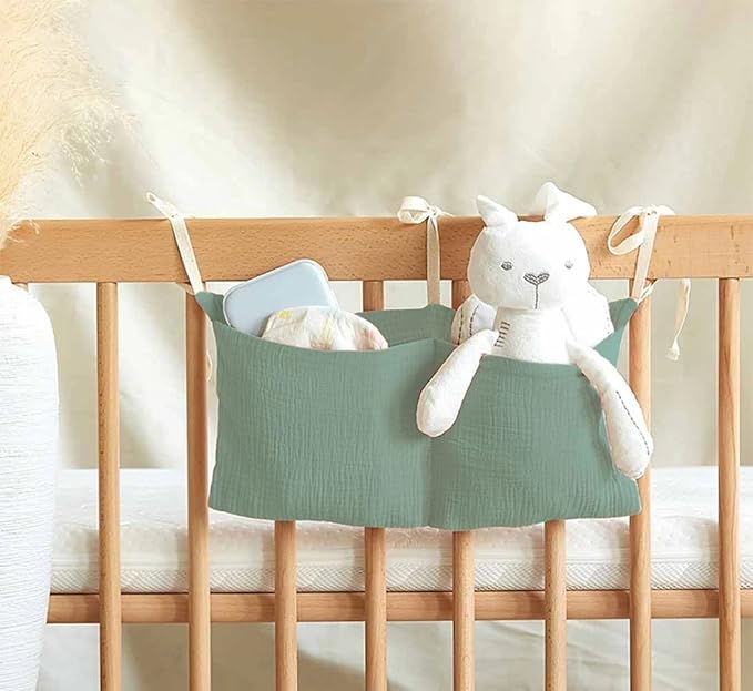 Cotton Baby Bedside Hanging Storage Bag,2 Pockets Organizer for Baby Cribs and Toys (Green)