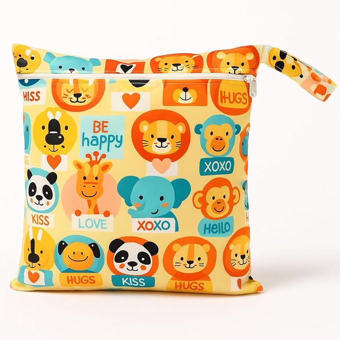 FANALALA Waterproof Wet Dry Bag, Reusable Diaper Pouch with Zipper, Machine Washable Travel Organizer for Beach, Daycare, Kids, Dinosaur Pattern (Orange Lion)