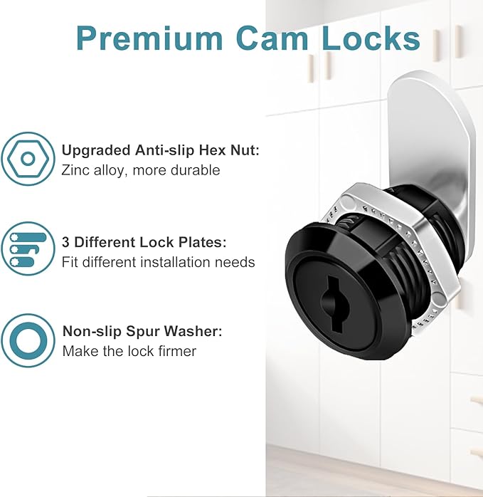 Cam Locks Cabinet Lock Keyed Alike, Black Finish 5/8'' (Length) Cylinder Secure Files Drawers RV Storage Locks Replacement Set, Zinc Alloy (Black 5/8 Inch 2Pcs)