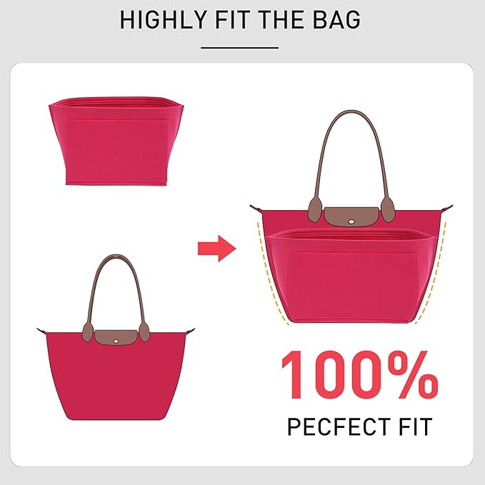 Felt Purse Organizer Insert Compatible with Longchamp Le Pliage Large and More, Zipper Long Champ Bag Organizer Insert with Cup Holder, 8 Compartments (Rose Red,L)