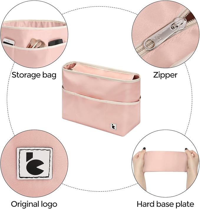 SDANG Purse Organizer Insert with Zipper – Pink Handbag & Tote Bag Organizer | Bag-in-Bag Insert with Pockets for Purses, Totes & Travel(Pink,Medium 28)