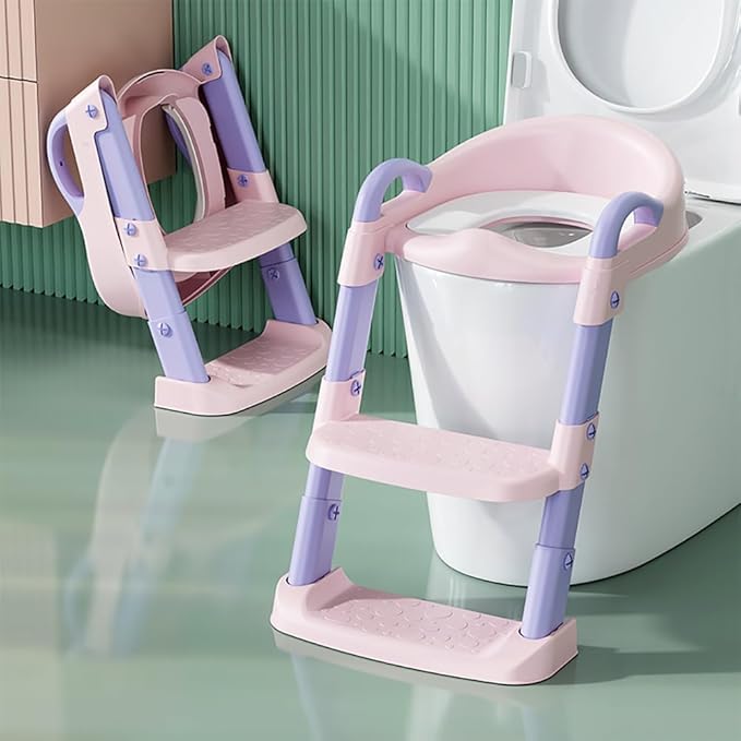 Potty Training Toilet Seat For Boys Girls, Toddler Toilet Seat With Step Stool Ladder, Foldable Toddler Potty Seat For Toilet With Non-Slip Design, Adjustable Height (Purple & Pink)