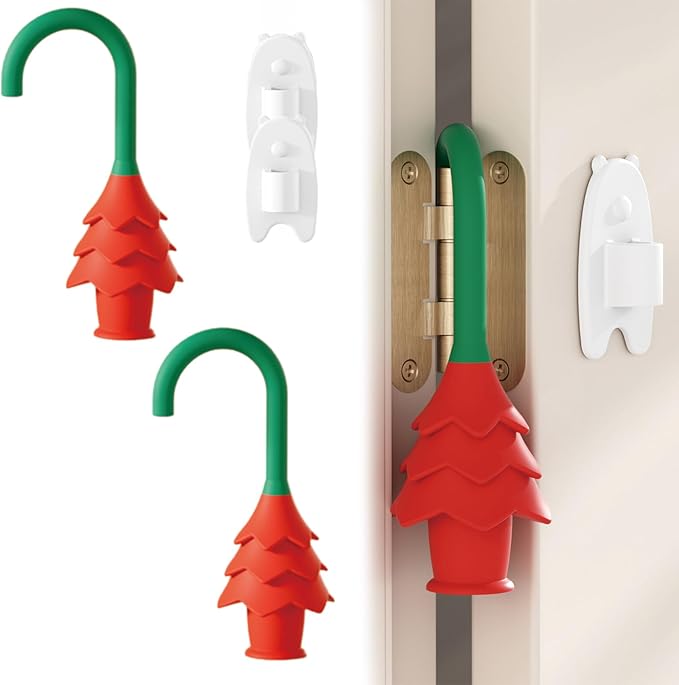 YOFENZO Christmas Tree Hanging Silicone Door Pinch Guard and Anti Door Slam Stopper,Child Safety Finger Pinch Guard,Baby Proofing Doors to Keep Door Open Stop Door from Slamming(2 PCS red-Green)