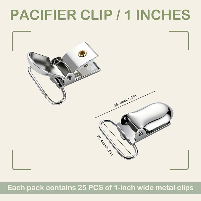25 PCS 1" Suspender Clips Metal Pacifier Clip Holder for Pacifiers DIY Baby Girl Toy Bibs Garter Making Supplies (Silver, Bulk)