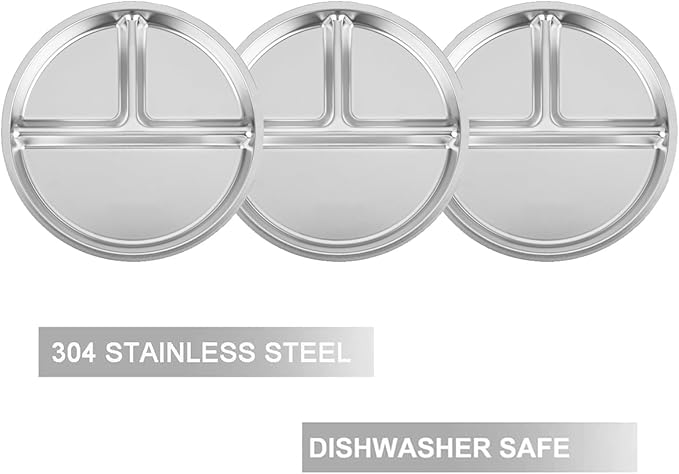 PandaEar 3 Pack Stainless Steel Divided Plates for Kids, 8.1” Portion Control Plates with 3 Compartments, Reusable Metal Dishes for Balanced Meals, Camping & Home Use (3, Silver)