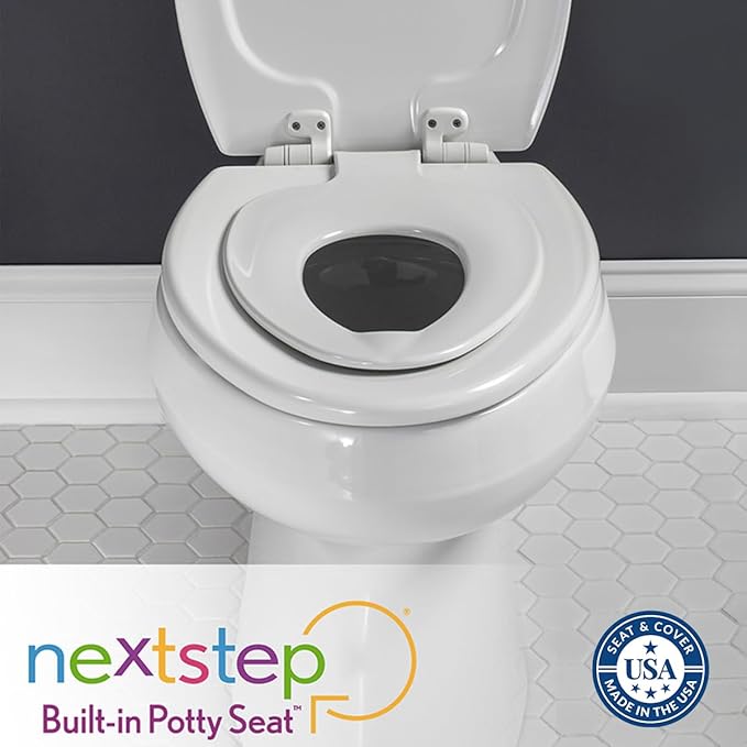 Mayfair NextStep2 Toilet Seat with Built-In Potty Training Seat, Slow-Close, Removable that will Never Loosen, Round, White