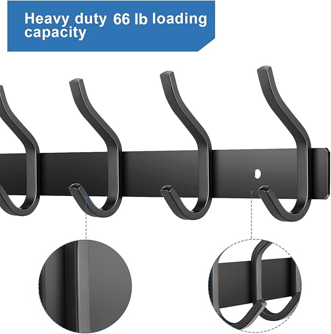 HAMUTH Black Wall Hooks, 23 Inch Coat Rack Wall Mount with 8 Hooks, Wall Hooks Heavy Duty for Hanging Backpack, Bag, Purse, Clothes, Hat, Coat, Towel | Entryway & Bathroom Storage Organization Hanger