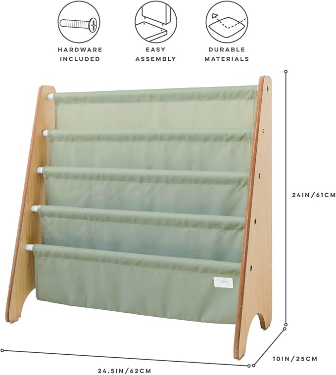 3 Sprouts Recycled Fabric Kids Bookshelf – 4-Tier Sling Book Rack Organizer - Nursery Room Playroom Classroom Wooden Book Shelves - Kid Bookcase Wood Storage Shelf for Toddler Age 3+ - Solid Green
