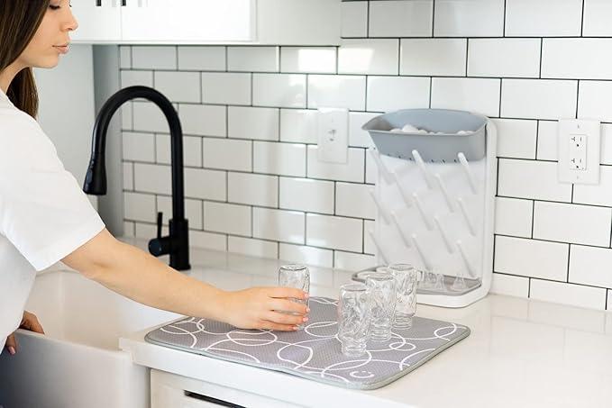 Ubbi Vertical Spacing Saving Bottle Drying Rack with 13 Pegs, 2-in-1 Bottle Brush & Microfiber Drying Mat Bundle, Newborn Baby Essentials, Baby Registry Must Haves, New Parent Gifts, Gray