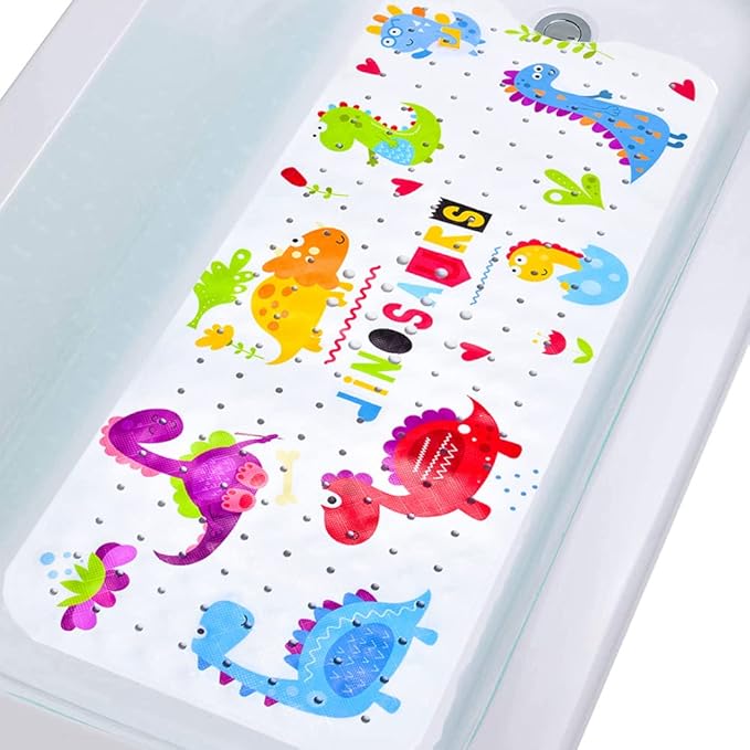 Tubozadi Bath Mat for Tub for Kids Dinosaur Non Slip Bathtub Mat for Baby Toddler 40X16 Inch Long Anti Skid Bathroom Shower Mat with Suction Cups & Drain Holes
