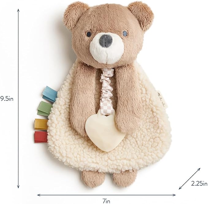 Itzy Ritzy - Itzy Lovey Including Teether - Baby Lovey with Teether, Textured Ribbons & Dangle Arms - Features Crinkle Sound, Sherpa Fabric and Minky Plush (Bear)