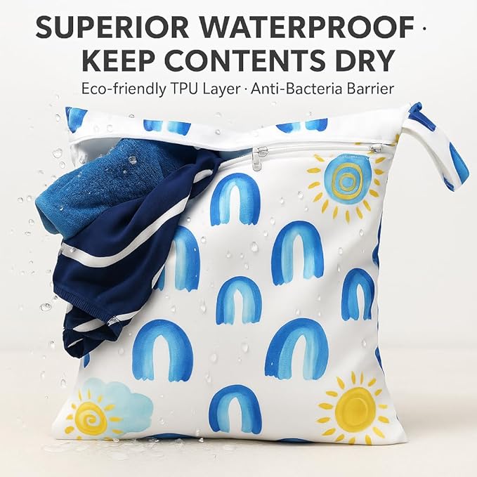 FANALALA Waterproof Wet Dry Bag, Reusable Diaper Pouch with Zipper, Machine Washable Travel Organizer for Beach, Daycare, Kids, Dinosaur Pattern (Rainbow)