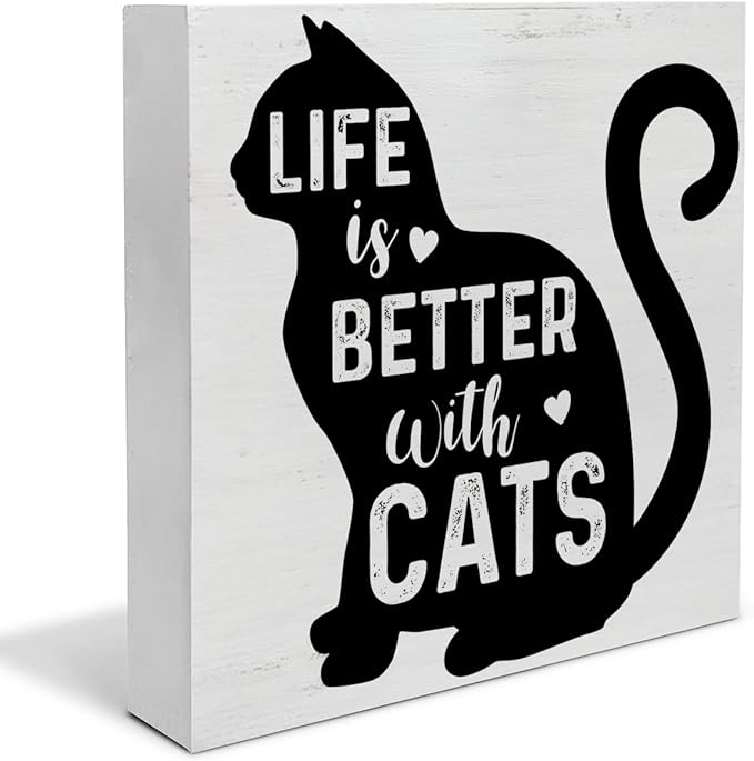 Life is Better with Cats Wood Box Sign Decor Desk Sign Cat Quote Wooden Box Block Sign Rustic Home Shelf Wall Decoration