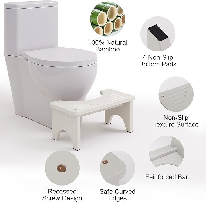 Uaniar 2 Pack White Toilet Stool Squat Adult - 6.7" Non-Slip Bathroom Poop Stool, Bamboo Wood Squatting Potty Stools for Adults with Space-Saving Curved Base, Pooping Toilet Foot Step