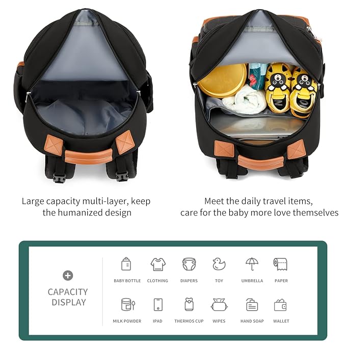 BILLITON MASHI Diaper Bag Backpack, Large Baby Nappy Bags with Portable Changing Pad for Boys and GirlsMultifunction Travel Baby Bag for Moms Dads, Shower Gifts Waterproof and Stylish，Black