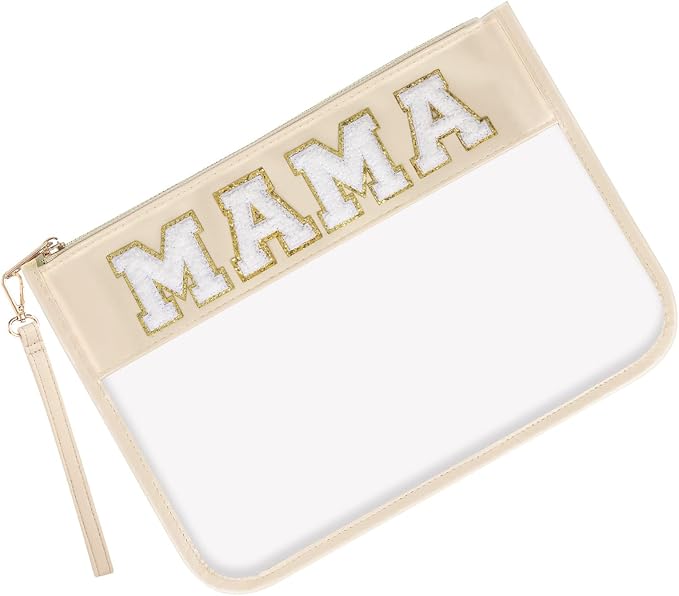 Iqimott Chenille Clear Letter Mama Bag Flat Pouch, Monogram Glitter Letter Patch Makeup Cosmetic Bag Zipper Toiletry Pouch, Portable Travel Beach Snack Wristlet Bags for Women Girls(Mama, Beige)