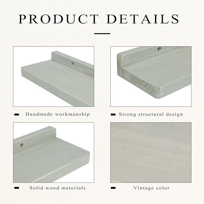 Freezing point Floating Shelves for Wall Set of 2 Natural Wood 16Inch Wall Shelf Decor Plant Display Collectibles Mounted Kitchen Bathroom Bedroom Corner Decorative Storage Stand Grey
