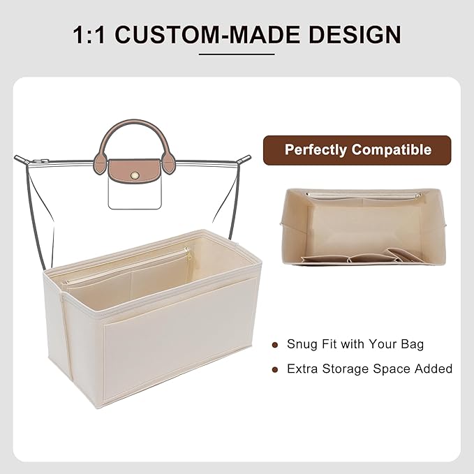 Premium Felt Tote Bag Organizer Insert for Longchamp-Le Pliage L Travel Bag, Large Purse Insert with Zipper Pocket and Cup Holder, 9 Compartments, Beige/LT
