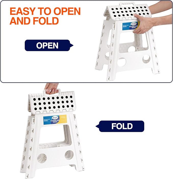 Korpai 16" Folding Step Stool for Adults and Kids Holds Up to 300 lbs,Non-Slip Folding Stools with Portable Handle, Compact Plastic Foldable Step Stool for Bathroom,Bedroom, Kitchen, White,1PC
