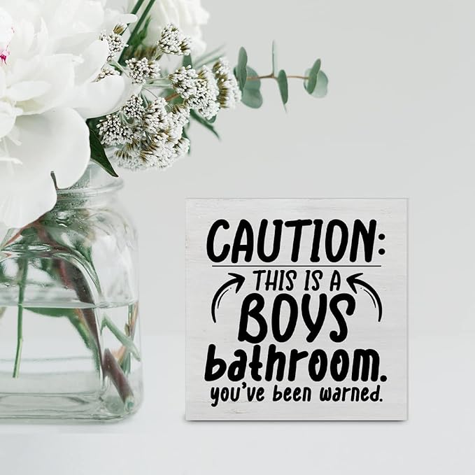 Country Caution Boys Bathroom Wood Box Sign Decor Desk Sign Humor Bathroom Wooden Box Block Sign Rustic Home Toilet Shelf Wall Decoration