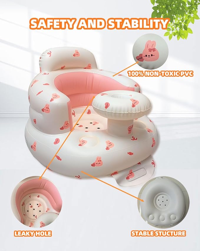 AGITVPS Upgrade Inflatable Baby Seat with Tray for Babies 3-36 Months, Built in Air Pump Bumbo Seat with Tray, Baby Chair Sit Me up Floor Seat for Baby, Learning to Sit&Feeding (Tray-Love Bunny)