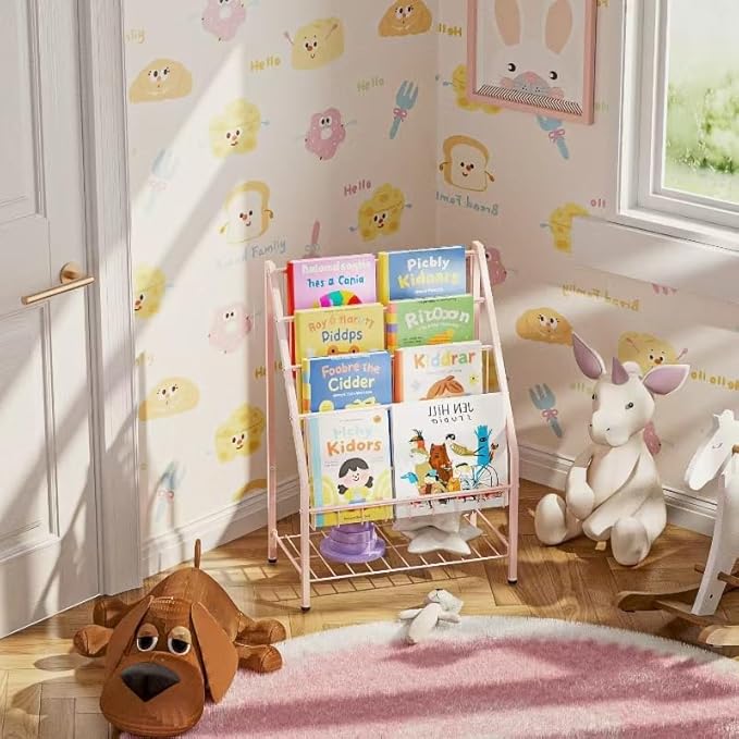 JAQ Toddler Bookshelf for Girls, 4-Tier Metal Kids Child Bookcase Rack with Toy Storage Organizer in Playrooms Nursery Clasroom Corner Library for Infants Baby Young Children (24.92 inch, Pink)