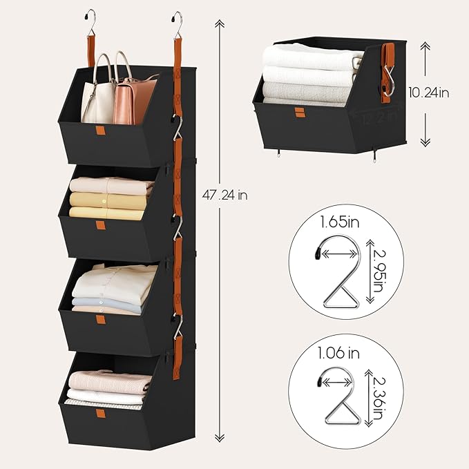 Homsorout Hanging Closet Organizer 4 Tier - Clothes Hanging Shelves, Space-Saving Closet System, Fabric Storage Bins Bedroom Organization, Collapsible Baskets for Home, Dorm, Rv, Black